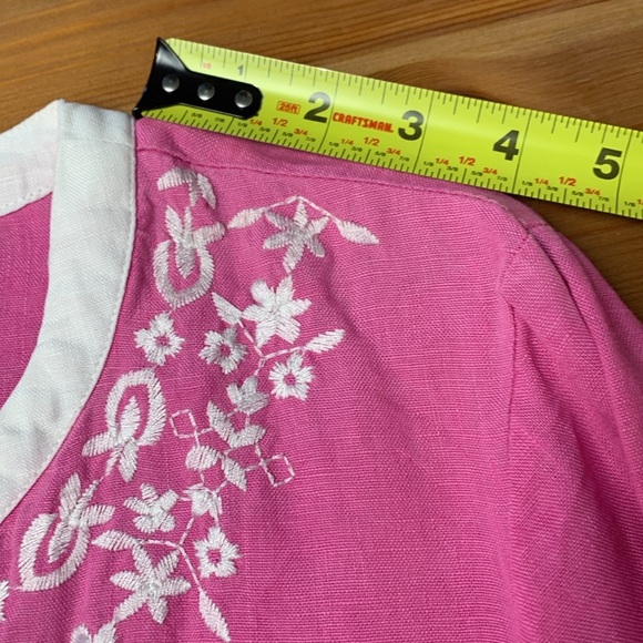 Pink w White Trim, 3/4 Sleeves, Embroidered, Linen/Cotton Tunic - Picture 4 of 7